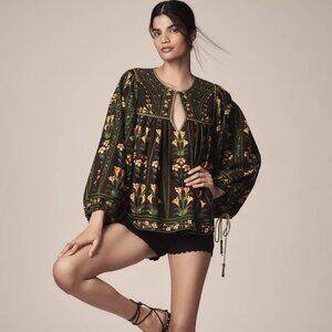 Farm Rio Black Flowers Arch Blouse XS 0 S SM Small top